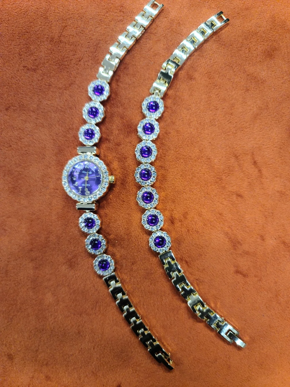 Gold-Tone Purple Crystal Women's Watch and Bracelet Set
